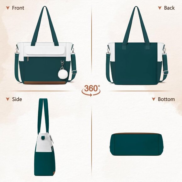 Women Dark Green With White Multi-Pocket Waterproof Canvas Tote Bags with Zipper - Picture 5 of 6